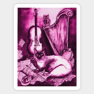 MUSICAL CAT AND OWL WITH MUSIC INSTRUMENTS In Pink Fuchsia Purple White Colors Magnet